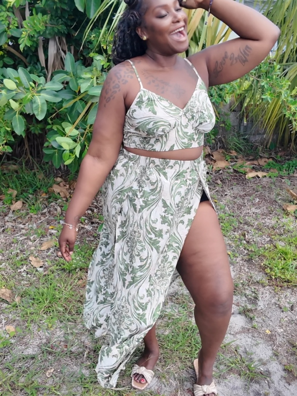 Green Printed High-Slit Maxi Two Piece Skirt Set
